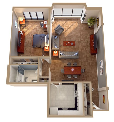 A 3D floor plan of a house with a kitchen, living room, and bathroom.